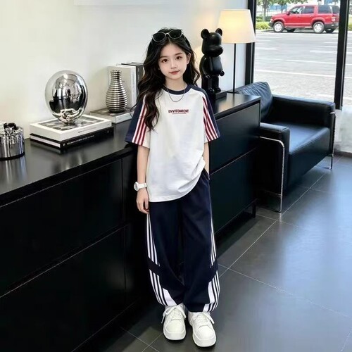女童夏季套装2026年中大童夏装儿童运动长裤两件套潮薄款休闲白色