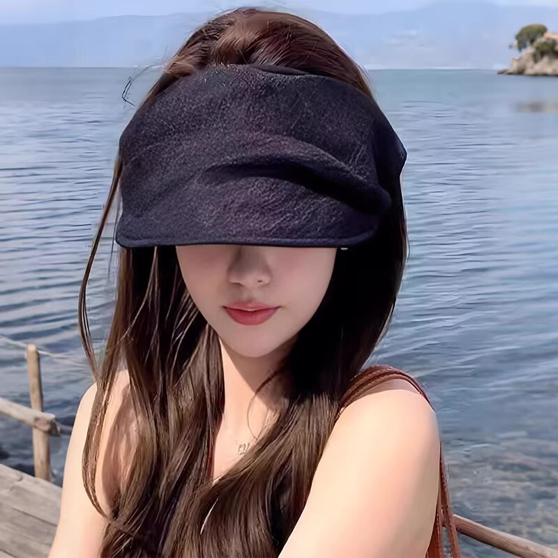 2026新款网纱帽子褶皱黑色空顶防晒帽女夏季防晒遮阳帽出游太阳帽