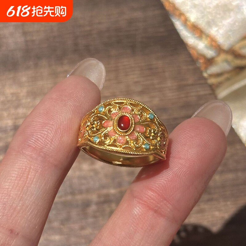 复古宫廷风珐琅金色镶嵌红锆石戒指女小众指环时尚轻奢新中式国风