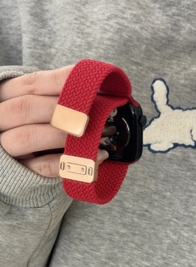 适用iwatch11苹果手表applewatch10表带s9新年喜庆红色尼龙编织s8s7磁吸Ultra23新款45SE简约6女款S9情侣小众