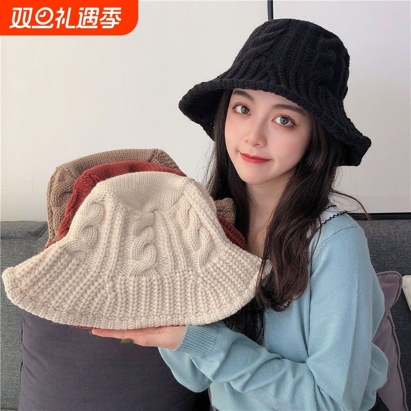 帽子女冬季女士保暖针织帽时尚新款渔夫帽学生盆帽毛线帽红色黑色