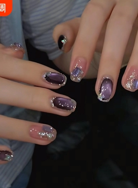 卡佩尔手工穿戴甲紫色闪粉短款美甲成品假指甲贴片高级感高级紫