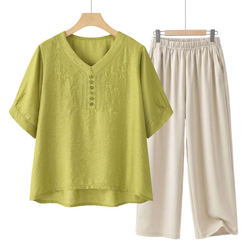 时尚妈妈装夏季棉麻小衫新款中老年人女装T恤夏款洋气短袖上衣服