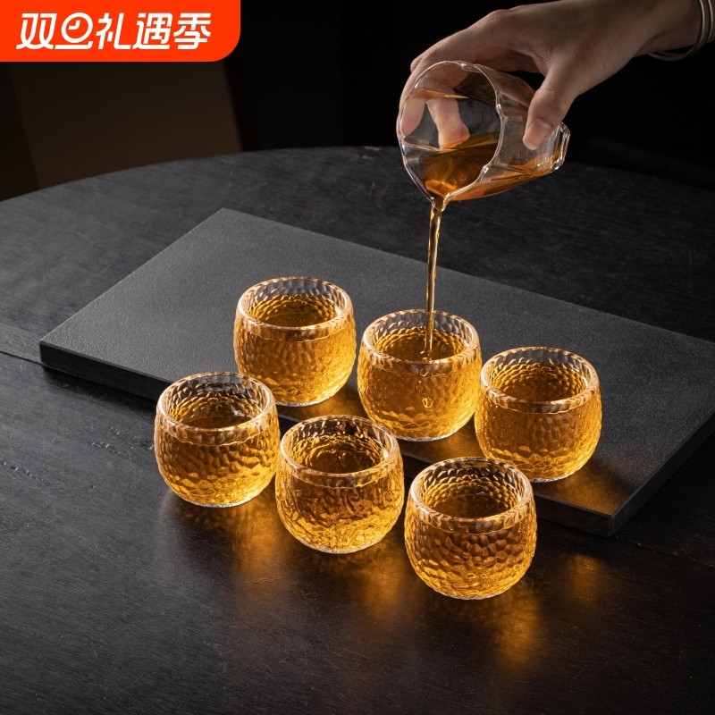 玻璃杯日式耐热锤纹品茗杯家用加厚茶杯主人杯丨