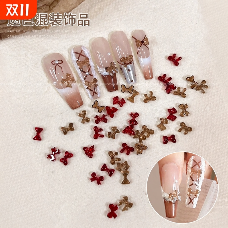 新款透色混装美甲饰品蝴蝶结飘带香槟酒红色迷你百搭穿戴甲装饰品