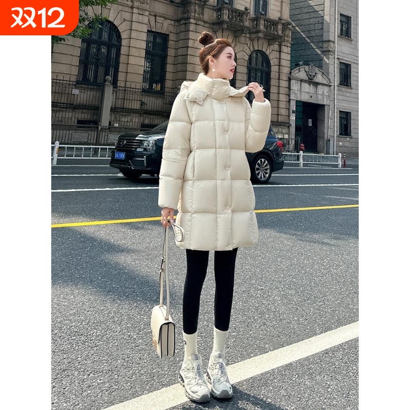 户外90白鹅绒白色羽绒服女中长款2025冬季新款连帽加厚面包服黑色