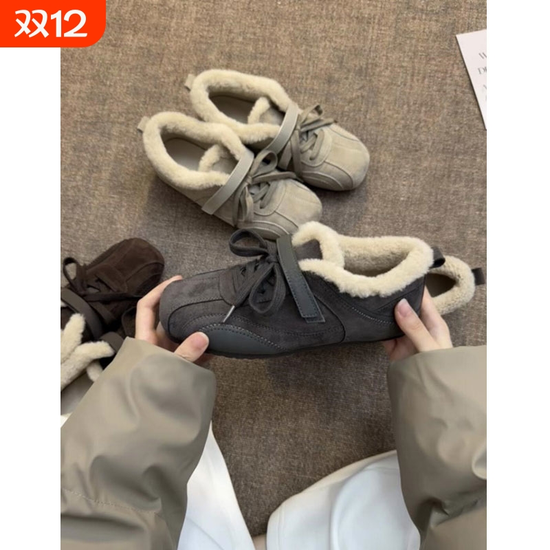 真皮厚底加绒保暖德训鞋女冬季灰色百搭户外徒步休闲运动毛毛棉鞋