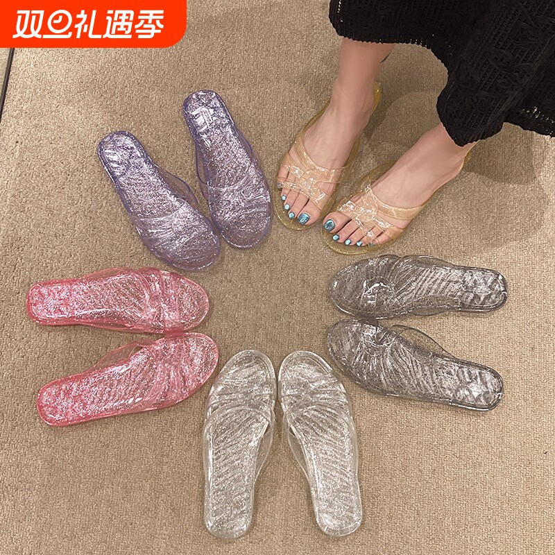 新款凉拖鞋女夏时尚水晶平底一字拖老人韩版百搭外穿拖鞋ins网红