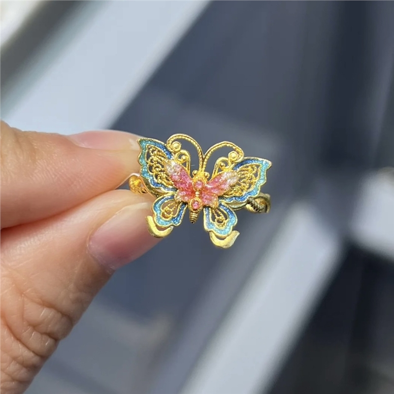 金店同款沙金999烧蓝蝴蝶戒指女轻奢小众高级感珐琅彩蝴蝶指环潮