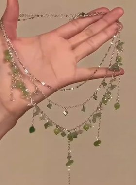 「青萝曲」森系绿色串珠水滴流苏项链小清新高颜值多层叠戴锁骨链
