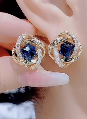 气质镶钻蓝色方糖水晶耳环女高级设计感精致耳钉银针耳饰紫色花朵