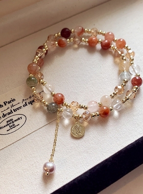 双层茶晶串珠珍珠手链小众法式复古轻奢高级感手串气质百搭手饰女