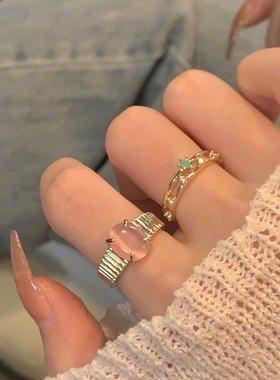 甜酷粉色猫眼石戒指女韩版时尚白