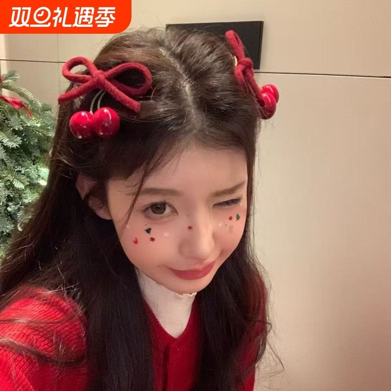 甜绒樱桃~圣诞红色丝绒樱桃鸭嘴夹女刘海夹无痕碎发夹头饰新年