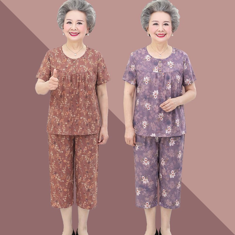 奶奶女装夏装棉绸短袖七分裤套装图片