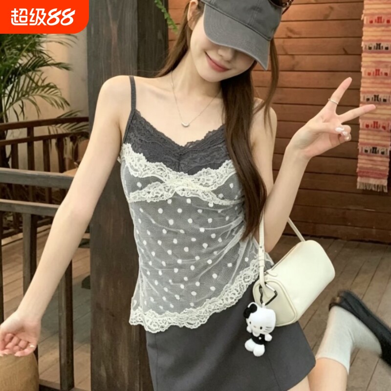 kumikumi设计感假两件撞色吊带背心女装夏季波点蕾丝花边无袖上衣图片