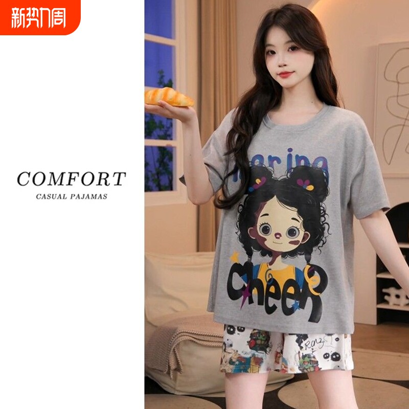带胸垫睡衣女款夏季短袖针织棉薄款2026新款卡通少女生大码家居服