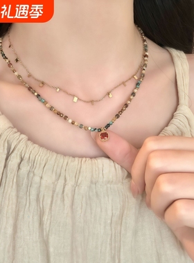 波西米亚民族风红色方糖吊坠项链多巴胺混色天然石叠戴虎眼石颈链