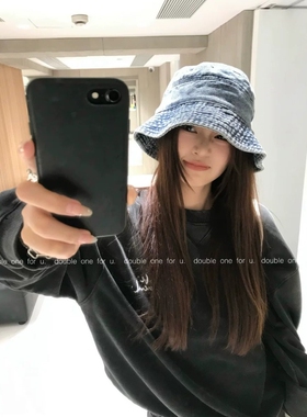 做旧牛仔渔夫帽女日系显脸小盆帽大头围水桶帽子2026新款蓝色黑色