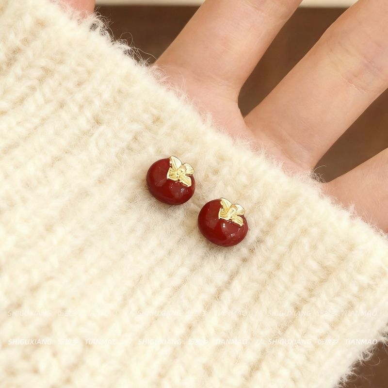 红色柿柿如意耳钉女秋冬轻奢高级感巨好看的耳环耳饰2025新款爆款