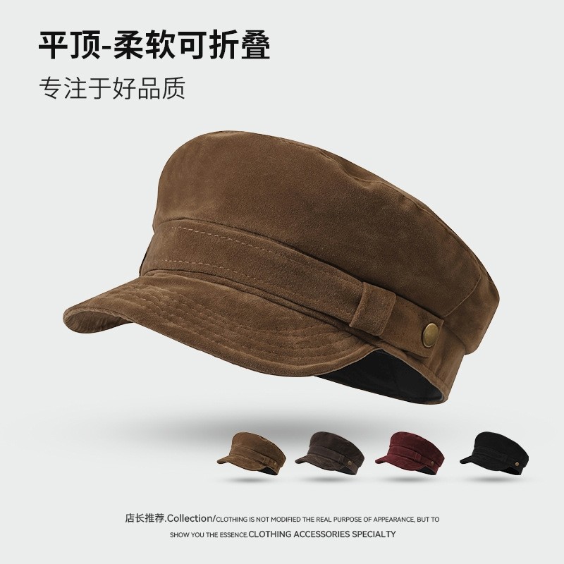 英伦复古海军风韩系八角帽帽子女麂皮绒报童贝雷帽秋季平顶显脸小