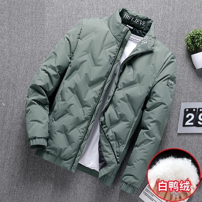 羽绒服男士秋冬季帅气立领冬装衣服绿色加厚夹克短款鸭绒外套黑色