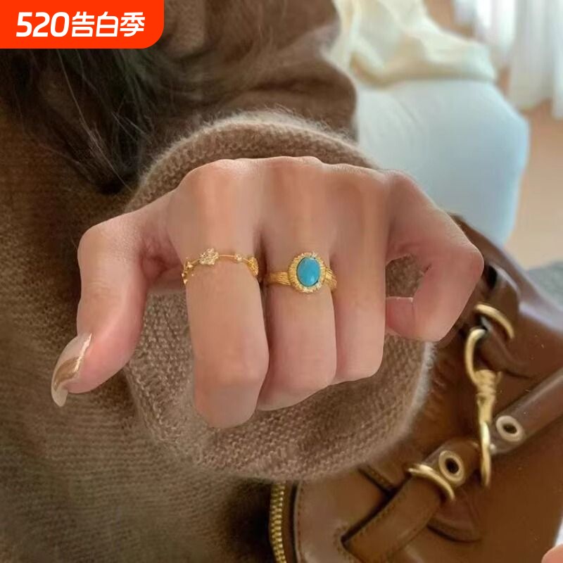 「蓝调梦境」中古金色个性蓝色戒指vintage新款轻奢项链精致耳