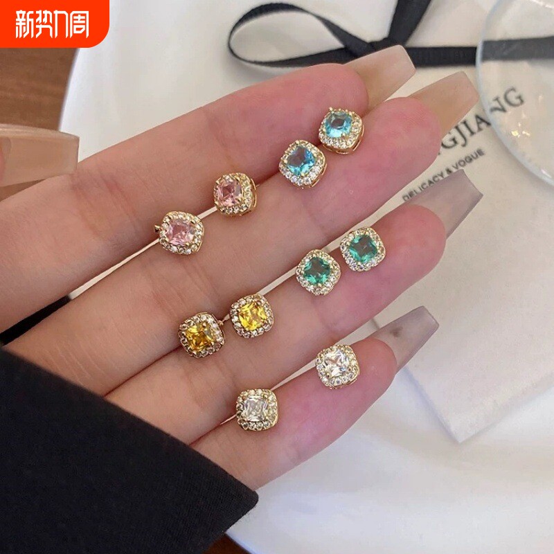 s925银针耳饰女黄钻方糖耳钉2025新款爆款气质耳环轻奢高级感