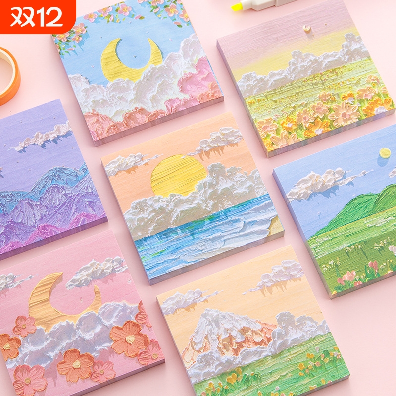 油画便利贴网红高颜值学生用简约ins风盐系可爱卡通少女手账便签纸有风景便签本小本子留言记事贴N次贴开学