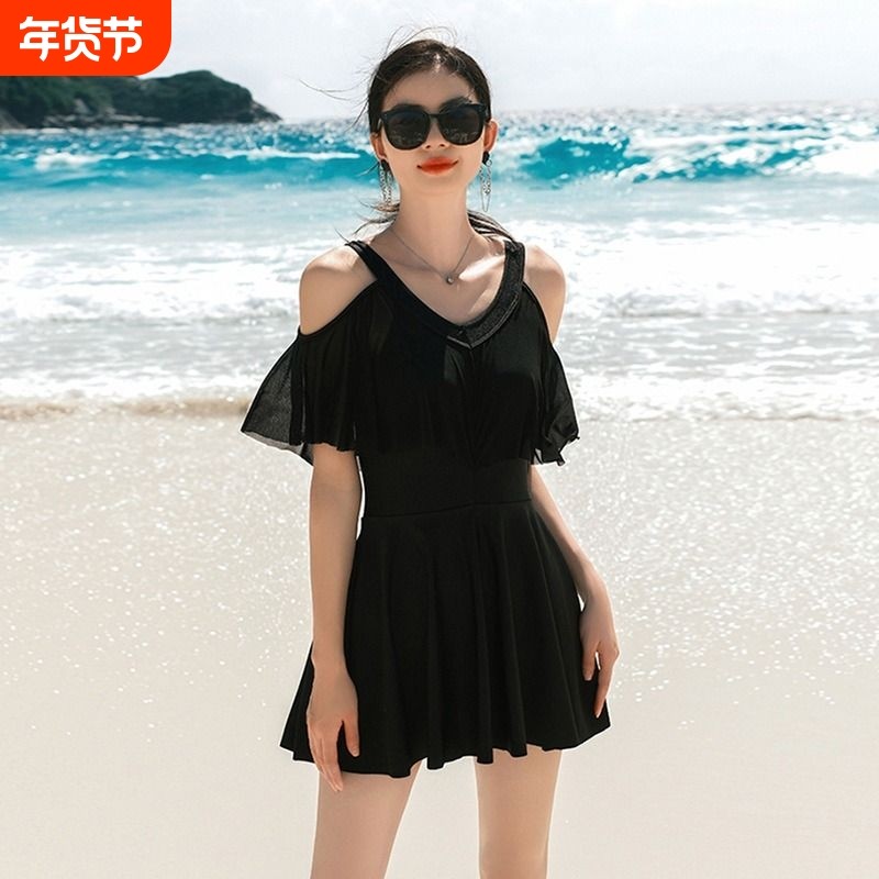 泳衣女2024新款爆款连体荷叶边遮肉显瘦温泉黑色游泳衣遮肚腩,运动/瑜伽/健身/球迷用品,连体泳衣,淘宝优惠券,粉丝福利购,淘宝优惠卷