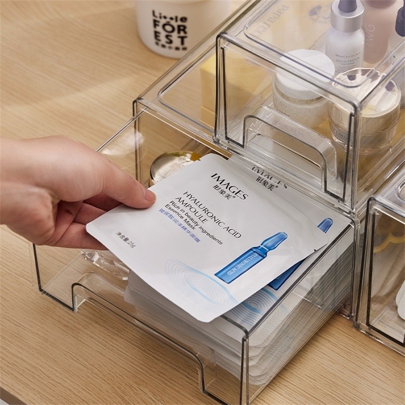 洋洋鱼透明抽屉式收纳盒多功能桌面储物盒面膜文具零食整理盒化妆