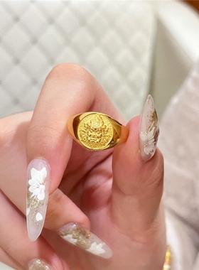 古法金色老钱风黄财神印章戒指
