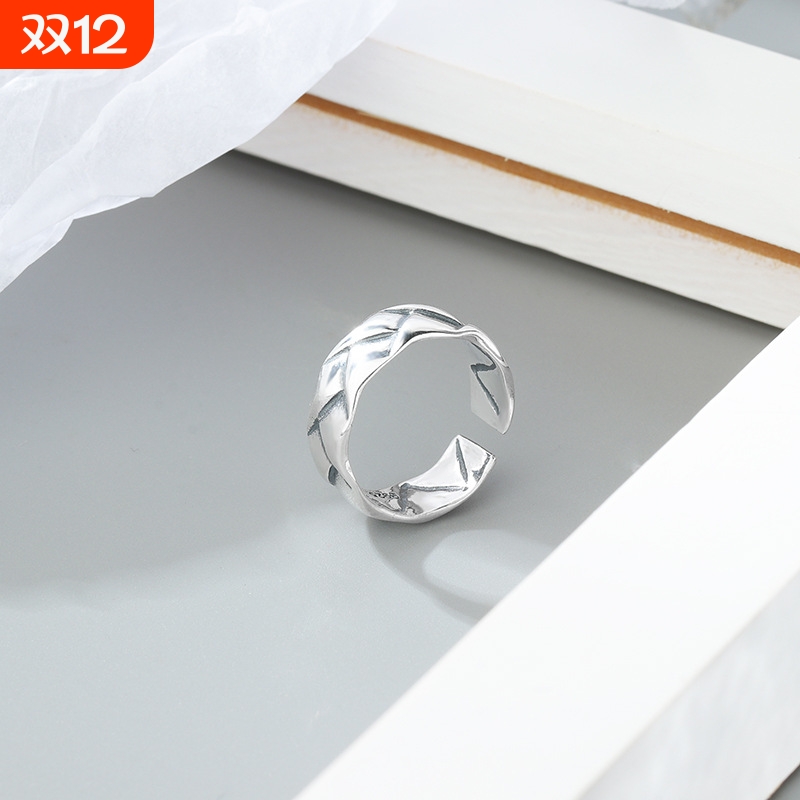 925纯银光面褶皱戒指男女款宽面日韩风INS嘻哈个性食指戒网红推荐