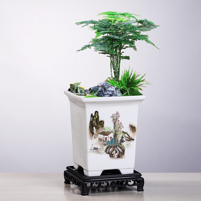 高级感陶瓷花盆方形款高彩绘贴画绿植兰花盆栽盆景盆中国风