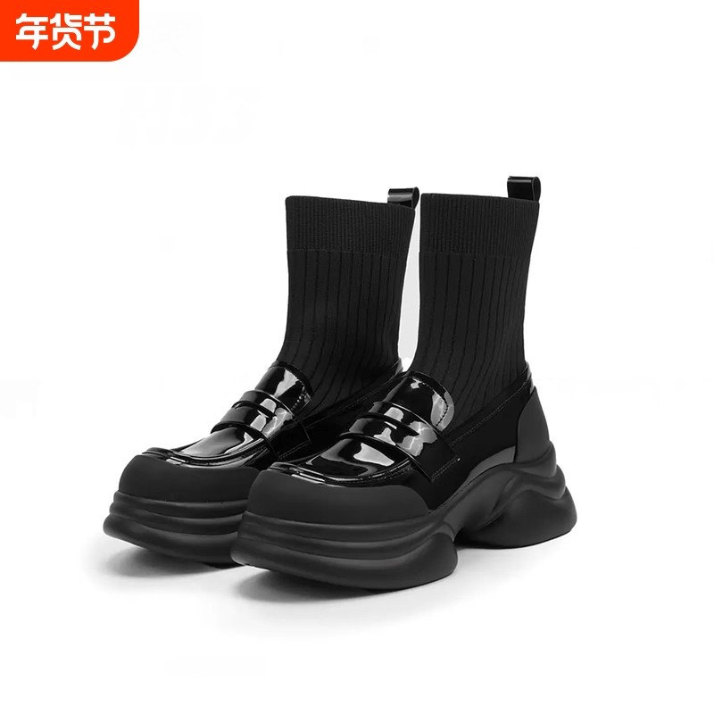 2025新款厚底袜靴女圆头显瘦弹力靴百搭拼接瘦瘦靴6.5CM高跟短筒,女鞋,弹力靴/袜靴,淘宝优惠券,粉丝福利购,淘宝优惠卷