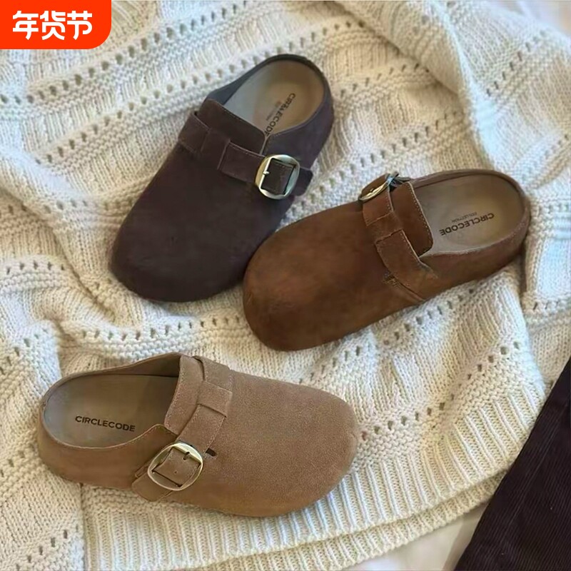 早秋新款复古勃肯半拖鞋2025厚底懒人一脚蹬包头鞋真皮休闲拖鞋女