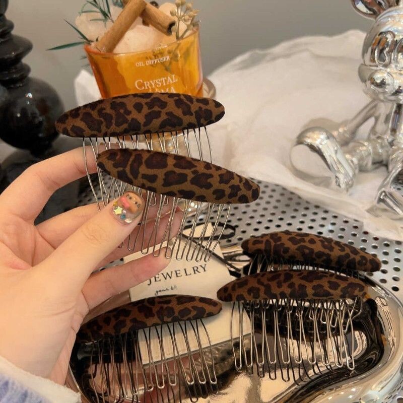 丝绒豹纹后脑勺碎发插梳秋冬新款发夹碎发神器头饰短发长发椭圆