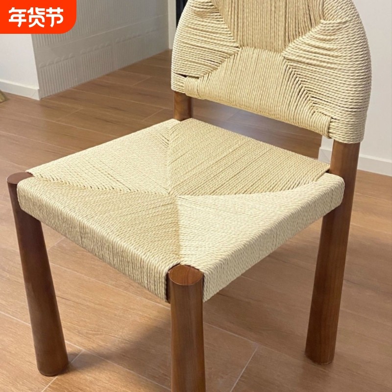 海蒂实木家具绳编单人法式奶油风复古民宿家具餐椅靠背化妆椅子,住宅家具,餐椅,淘宝优惠券,粉丝福利购,淘宝优惠卷