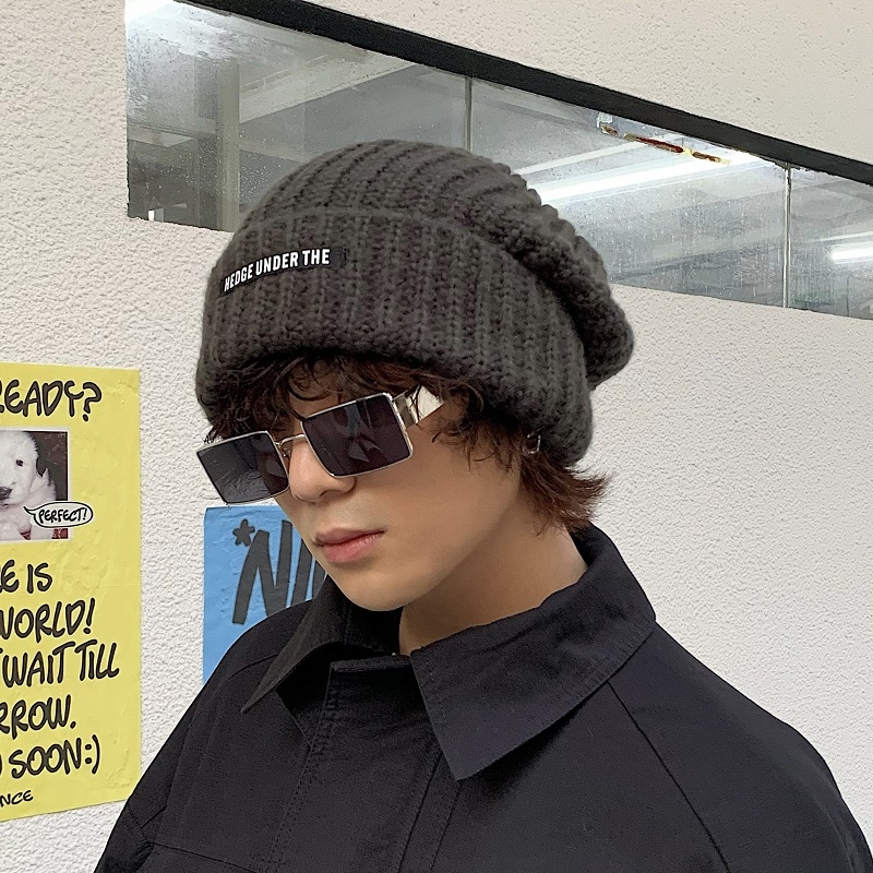 大头围显脸小针织堆堆帽男秋冬保暖护耳毛线帽女日系大版贴布冷帽