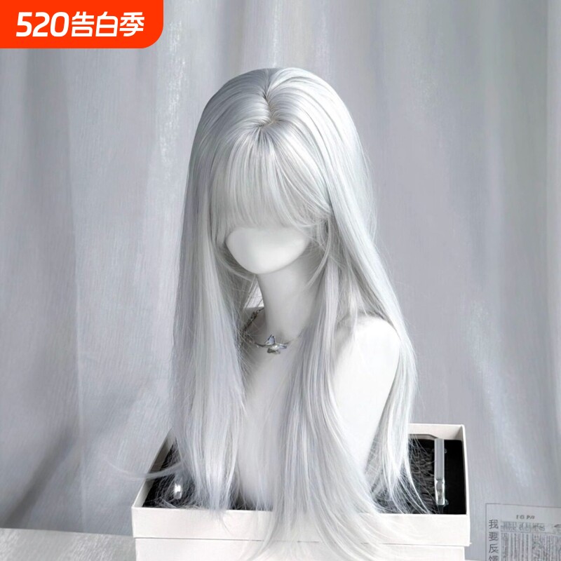 假发女齐刘海银白色长直发自然仿真人发氛围感万用cos透气假发套