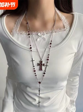 欧美时尚哥特辣妹y2k长款红色串珠十字架叠戴项链毛衣链个性配饰