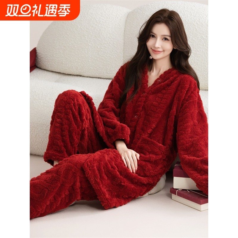 红豆睡衣女秋季长袖开衫加长款加肥加大码法兰绒套装女人中长款