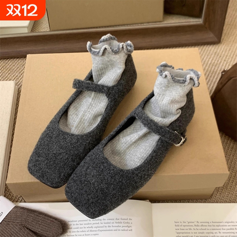 灰色毛毛鞋女秋冬外穿新款韩系法式玛丽珍鞋加绒保暖平底呢子单鞋