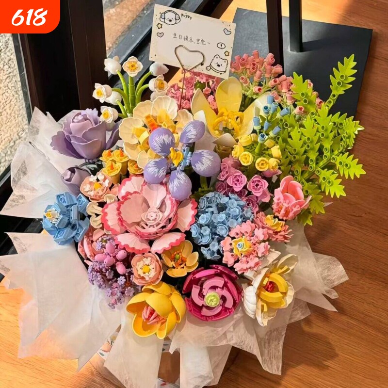 积木花抱抱桶七彩玫瑰花束手工拼装diy全套材料送男女生节日礼物