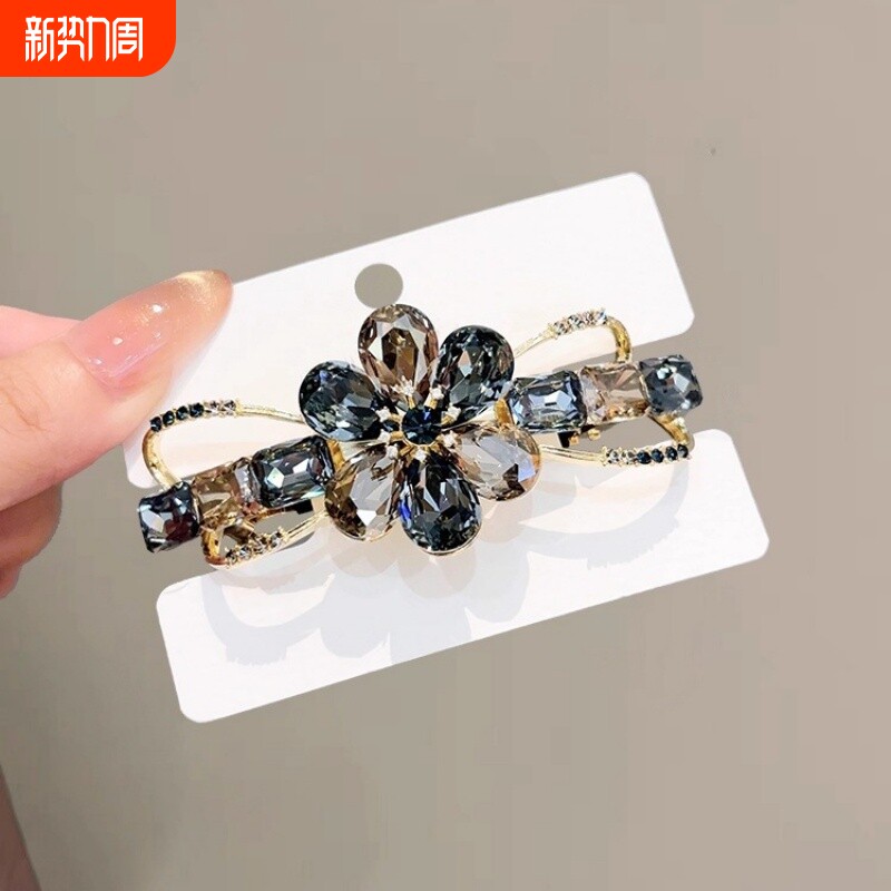 新款水晶花朵发夹女高级感后脑勺半扎轻奢弹簧夹顶夹高档妈妈头饰