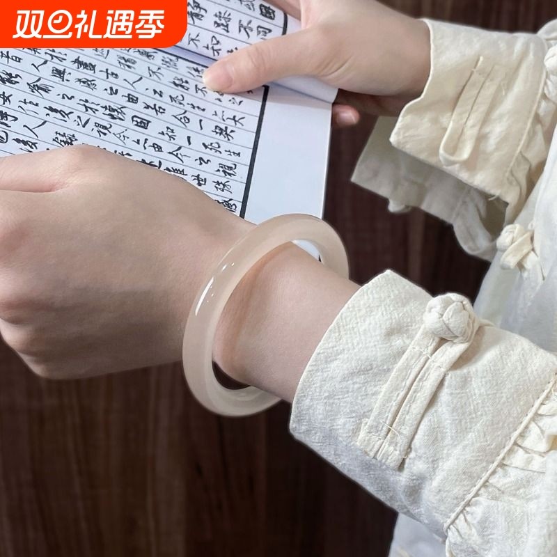 玉镯女冰种天然阿富汗玉手镯镯子羊脂白女镯叮当镯白玉藕粉圆条