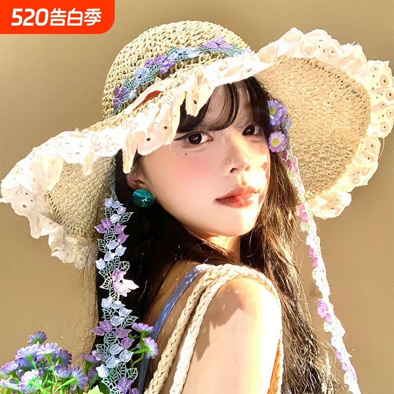 碎花草帽女夏海边大帽檐遮阳防晒帽可折叠太阳帽子沙滩度假红色
