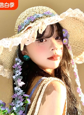 碎花草帽女夏海边大帽檐遮阳防晒帽可折叠太阳帽子沙滩度假红色