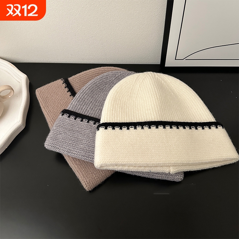 简约学院百搭撞色细织拼色毛线帽女秋冬显脸小针织帽保暖包头冷帽