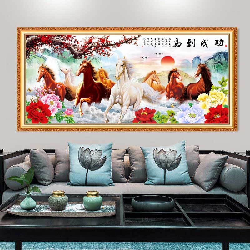 八骏图壁画自粘墙贴中式山水沙发背景墙客厅装饰画马到成功玄关